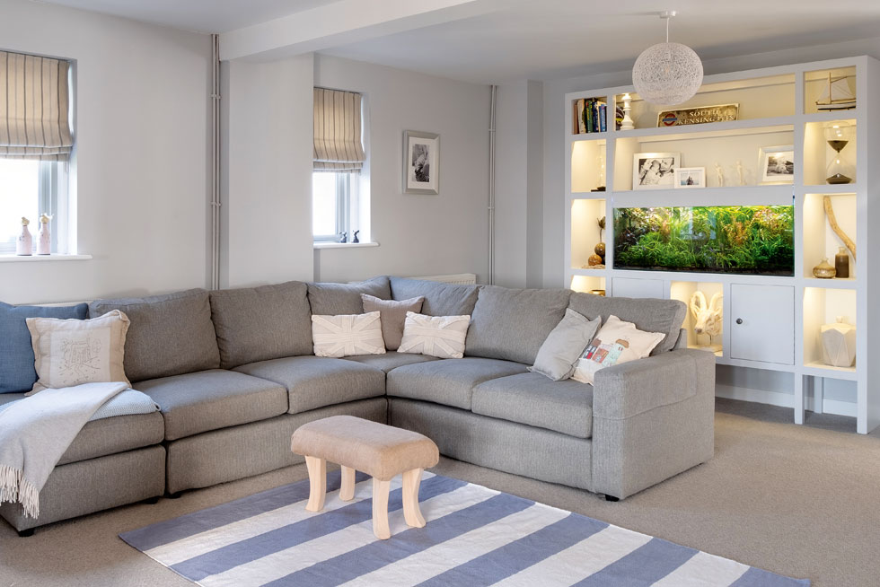 neutral living room with built in storage
