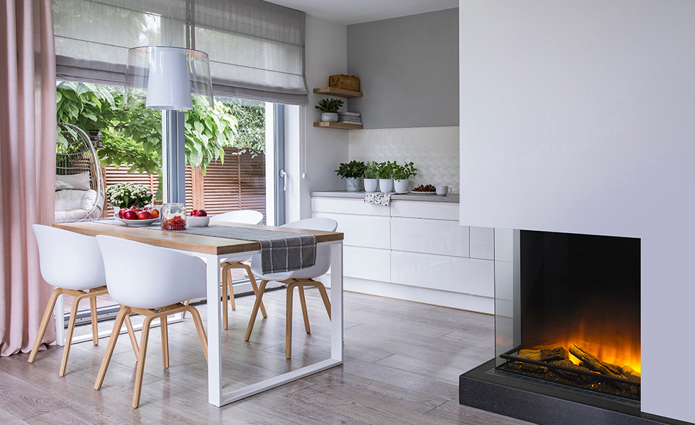 contemporary fireplace in open plan kitchen