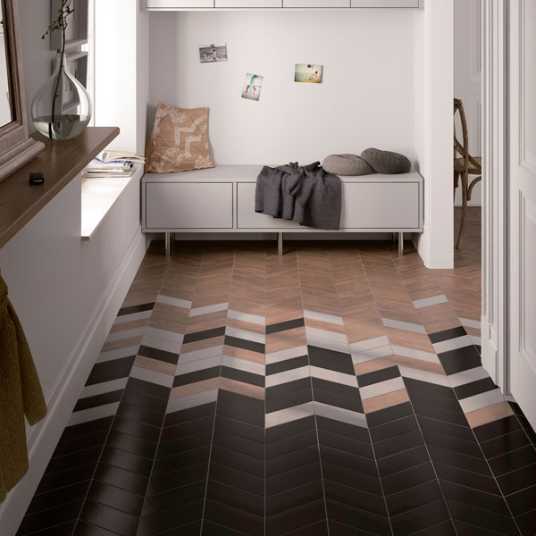 Tiled flooring in a chevron pattern helps to add splashes of colour and texture into your interiors