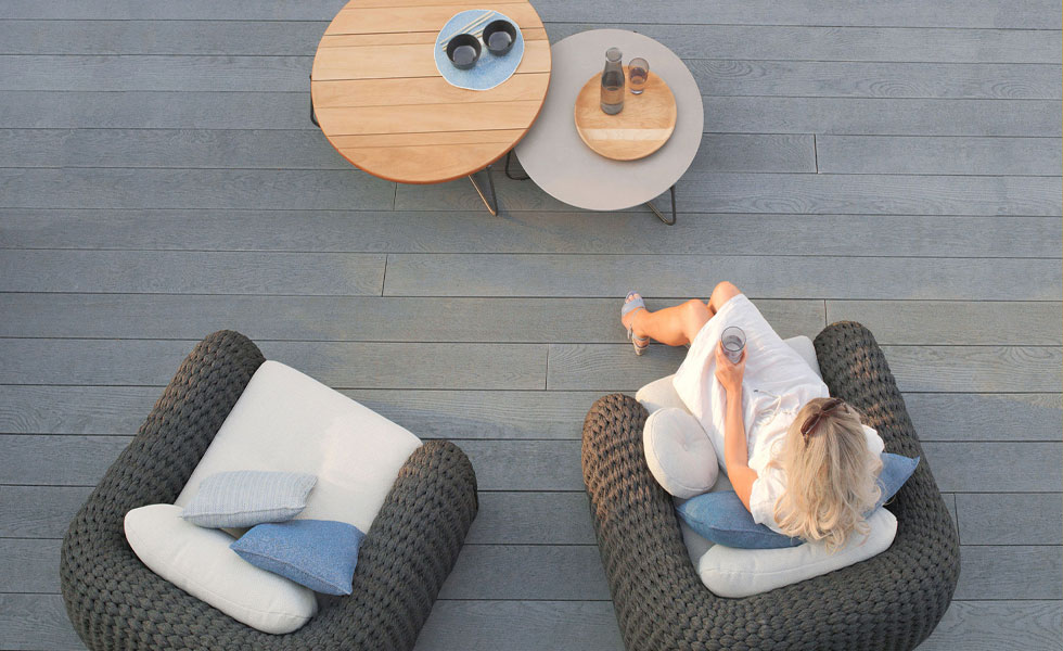 Outdoor seating area with wood-effect decking