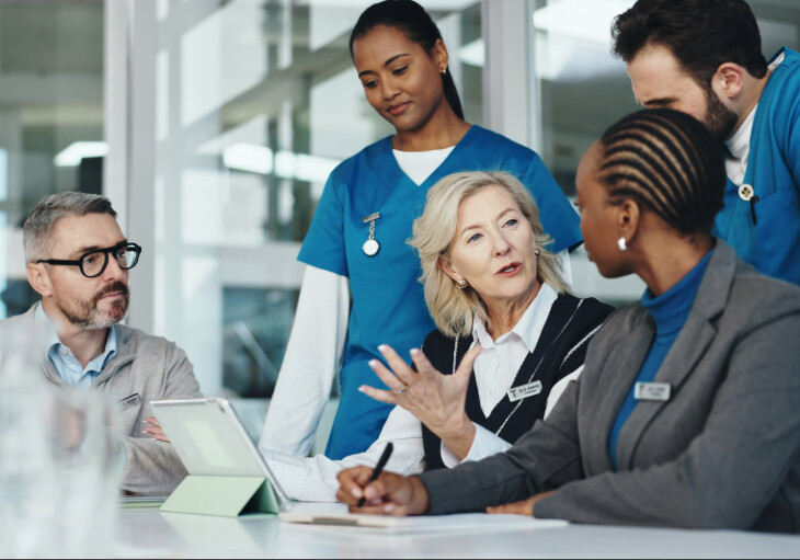 A group of healthcare managers speaking.