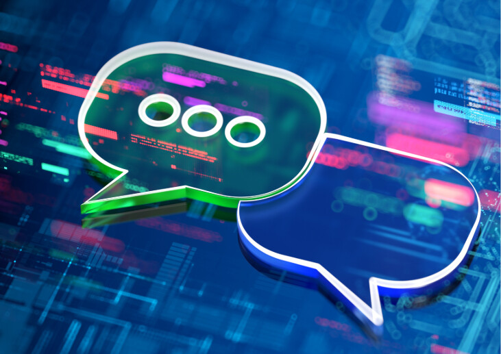 Two speech bubbles on a blue digital background.