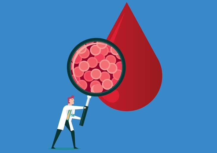 Graphic image of a magnifying glass on a drop of blood to illustrate HIV testing