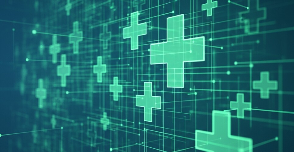 Digital abstract background with numerous glowing green pharmacy crosses of various sizes, interconnected by a network of thin green lines and dots, all set against a dark blue background to illustrate digital communication in clinical pharmacy in Region Zealand