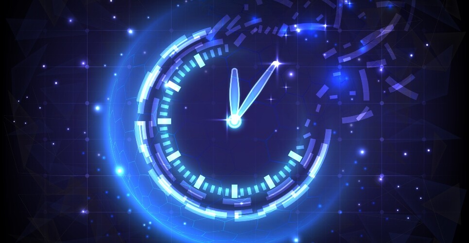 A digital illustration of a glowing blue clock on a grid background with the hands pointing to 12:05 and the edge of the clock between 12 and 3 broken into pieces to illustrate AI admin support via Microsoft Copilot saving healthcare staff time and increasing productivity