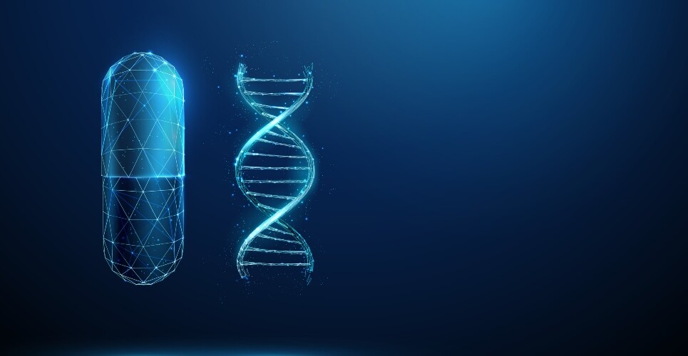 A digital illustration of a tablet and a DNA double helix to illustrate PGx and how to implement a pharmacy-led model
