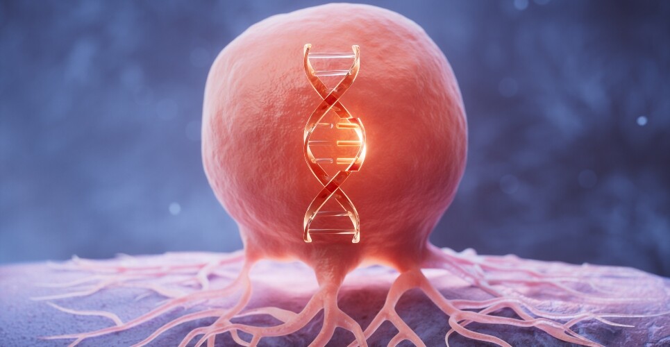 A digital illustration of a cancer cell with a DNA strand over the top to illustrate that key biomarkers of lapatinib resistance have been uncovered in HER2-positive breast cancer