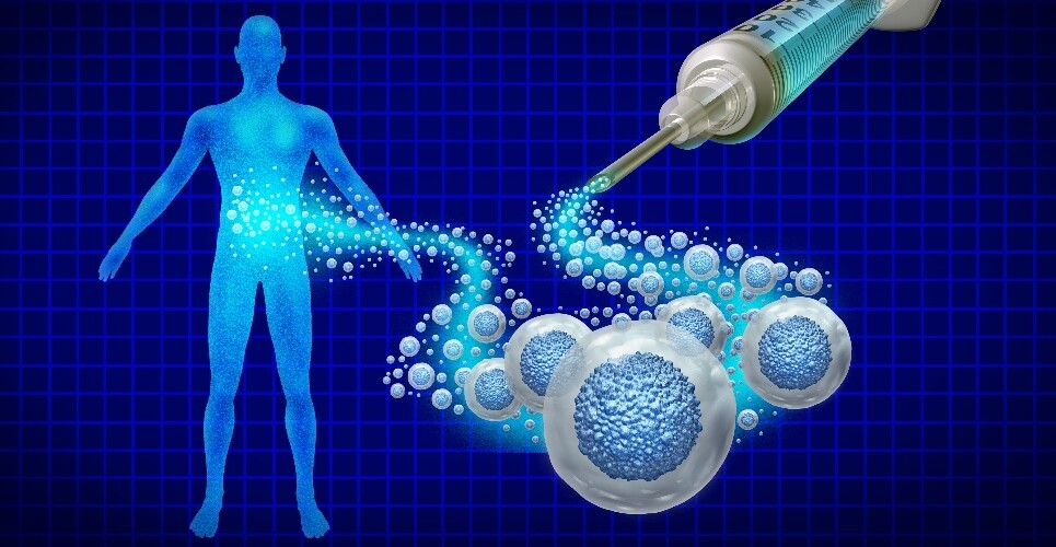 A computer-generated illustration of a blue human body outline on a dark blue graph paper background with a syringe to one side and a stream of cells joining the syringe to the body to illustrate mesenchymal stromal cells showing promise in refractory psoriasis