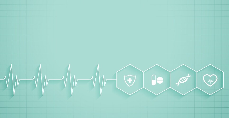 ECG trace evolving into hexagons containing icons representing healthcare provision, prevention and protection, pharmacotherapy, genomics, and cardiovascular health on a teal grid background to illustrate the past, present and future of ACE inhibition
