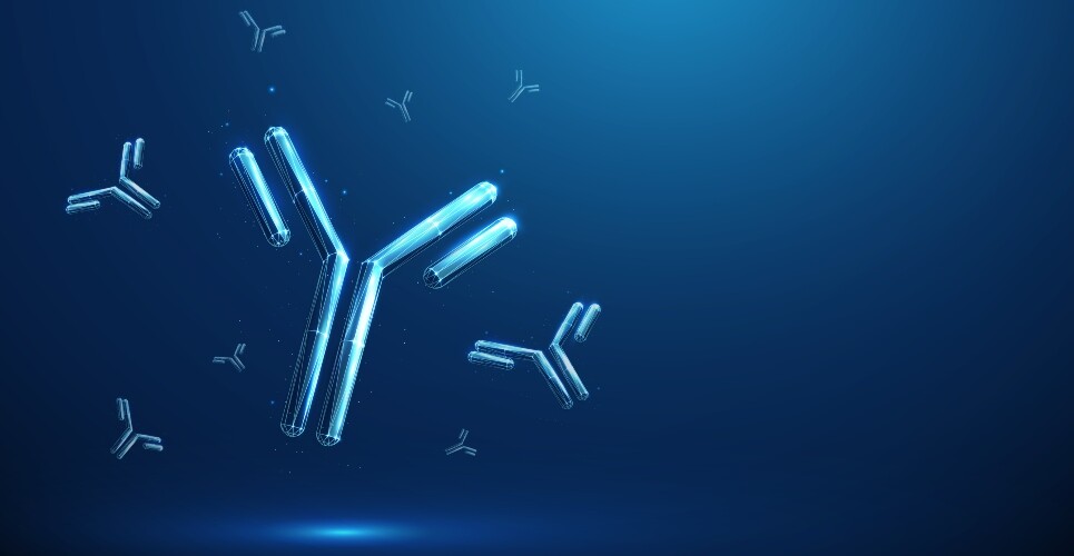 A digital illustration of blue monoclonal antibodies on a darker blue background to illustrate lebrikizumab plus topical steroids showing sustained disease control in refractory atopic dermatitis