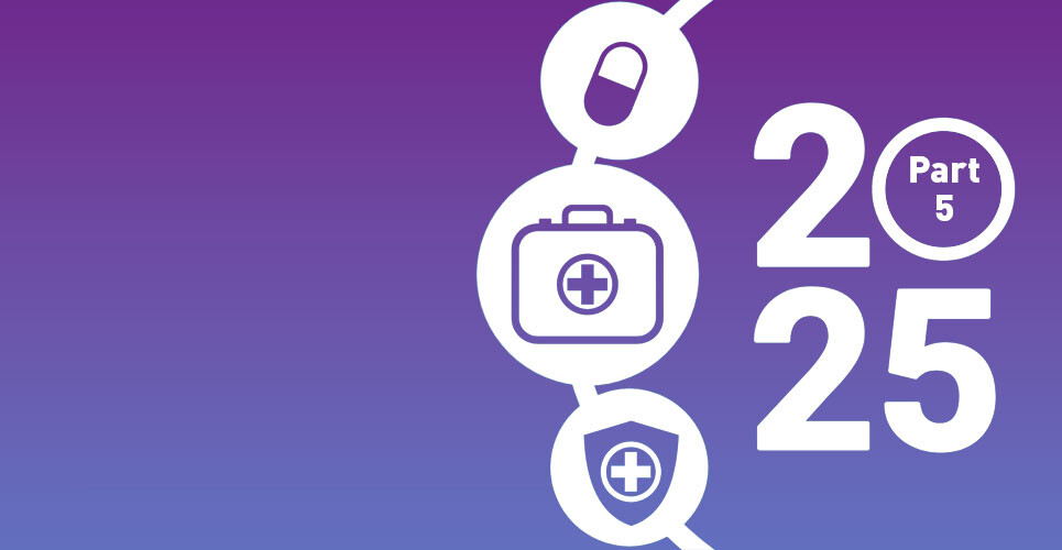 A white 2025 on the right hand side with Part 1 in the centre of the zero and a tablet, medial bag with a pharmacy cross on it and a shield with a pharmacy cross on it in in three white circles linked with a line and following the contour of the numbers on a purple gradient background to illustrate medication safety and artificial intelligence being a hospital pharmacy highlight of the year