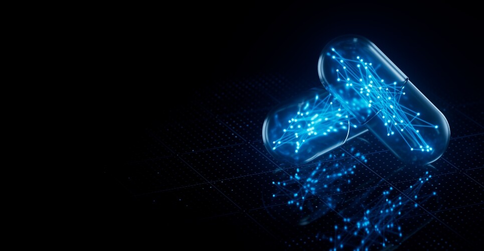 Two transparent medicine capsules on a black background filled with lines and dots to represent the use of artificial intelligence to predict medicine side effects and improve safety