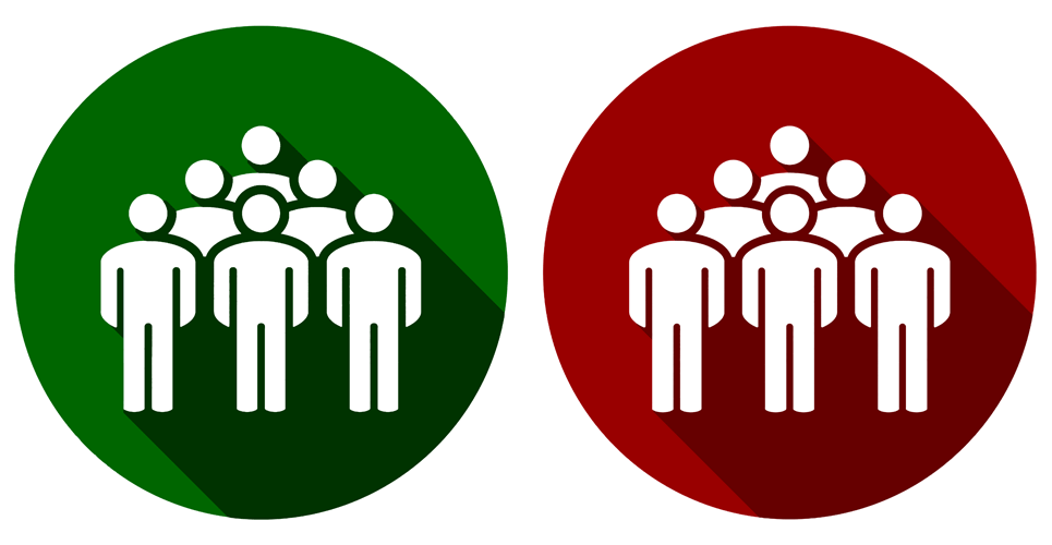 A green circle with a pyramid of six people inside and the same in red on the right hand side to illustrate the impact that previous biologic exposure has on drug survival and treatment selection in psoriasis