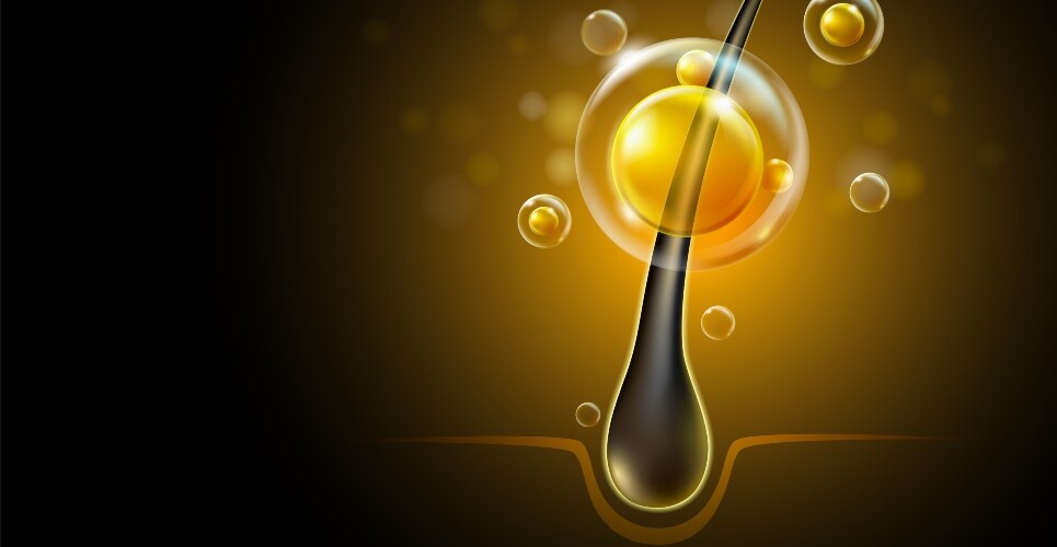 A stylised digital illustration of a hair follicle with yellow circles and bubbles surrounding it on a dark background to illustrate consensus recommendations on persistent chemotherapy-induced alopecia (pCIA)