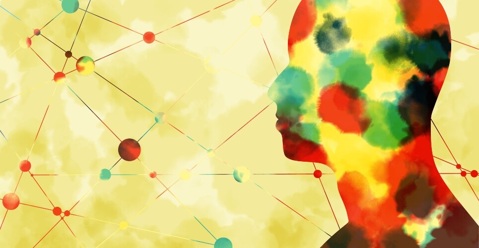 Silhouette of a man's head with a multicoloured watercolour sketch effect on a yellow background with connected lines and dots to illustrate the fact that sustained antidepressant use may help to identify patients at risk of difficult-to-treat MDD to inform treatment selection