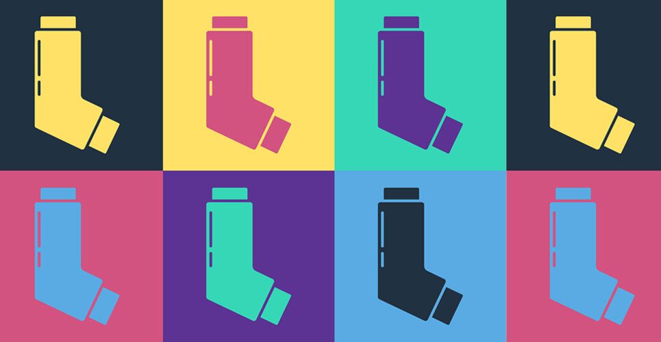 Eight different coloured inhaler icons in a grid on different coloured background squares to illustrate the evolving role of pharmacists in paediatric asthma care