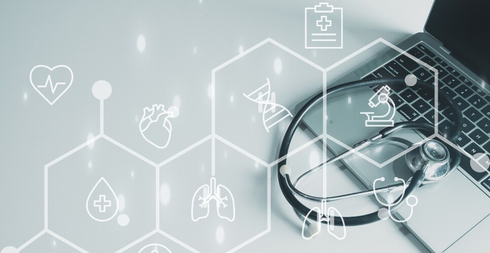 Stethoscope on laptop with medical icons over the top representing lung health, diagnostics, pulmonary hypertension and more to illustrate the return of the Clinical Excellence in Respiratory Care event in May 2026