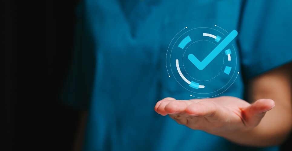 A close-up of a medic wearing scrubs with their hand outstretched and an illustration of a tick in a circle sitting above their palm to illustrate the finding that lutikizumab delivers clinically meaningful improvements in refractory hidradenitis suppurativa