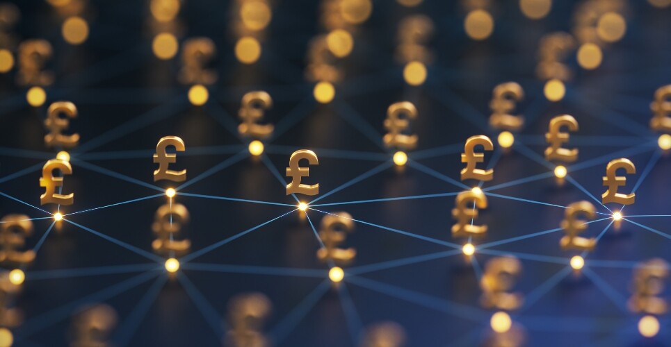 Gold British pound symbols on glowing dots connected by light blue lines on a dark blue background to illustrate the finding that early full milk feeding shows modest healthcare cost advantages in preterm infants