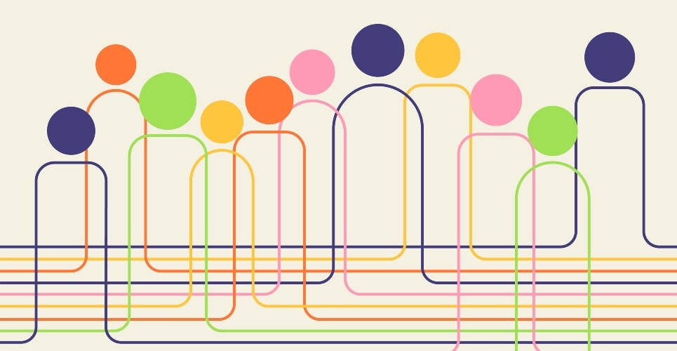 Abstract illustration of interconnected colorful human figures formed by continuous lines on a beige background symbolising the TOPPIA consortium and its work on chronic pain in inlammatory arthritis
