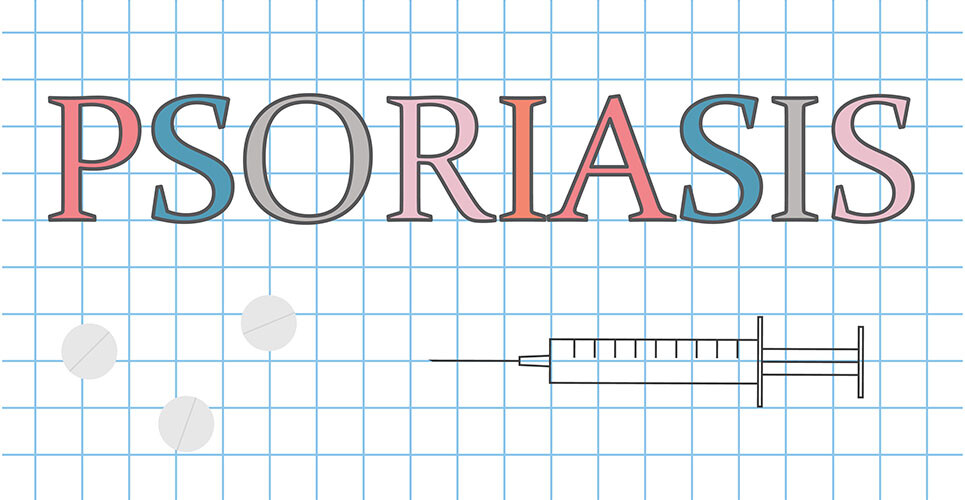 The word psoriasis with each letter in a different colour on a grid background and a syringe underneath to illustrate bimekizumab showing sustained patient benefits in a psoriasis extension study