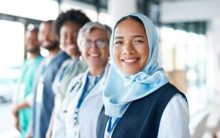 diverse healthcare professionals standing in a line
