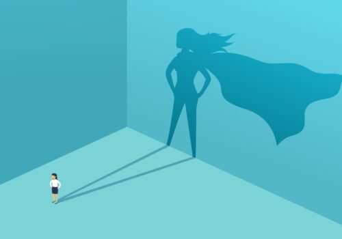 Businesswoman with shadow superhero. Super manager leader in business. Concept of success, quality of leadership, trust, emancipation. Vector illustration