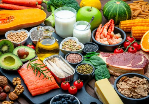 Group of healthy food including Carbohydrates, proteins and dietary fiber. Well balanced diet or raw ingredients