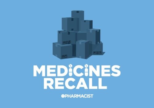 'Medicines recall' logo by The Pharmacist. A box of products stacked up on a blue background saying 'medicines recall'