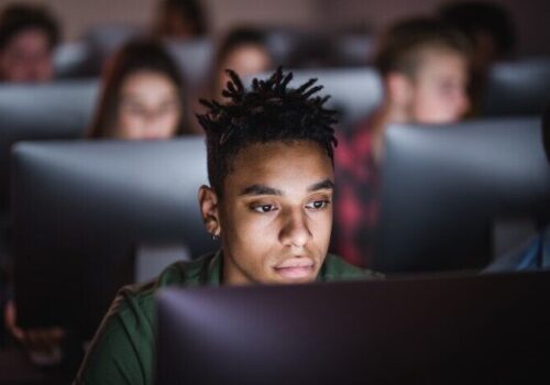 young pharmacist student looking at computer screen