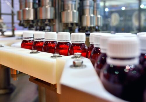 Bottles of medicine in a factory