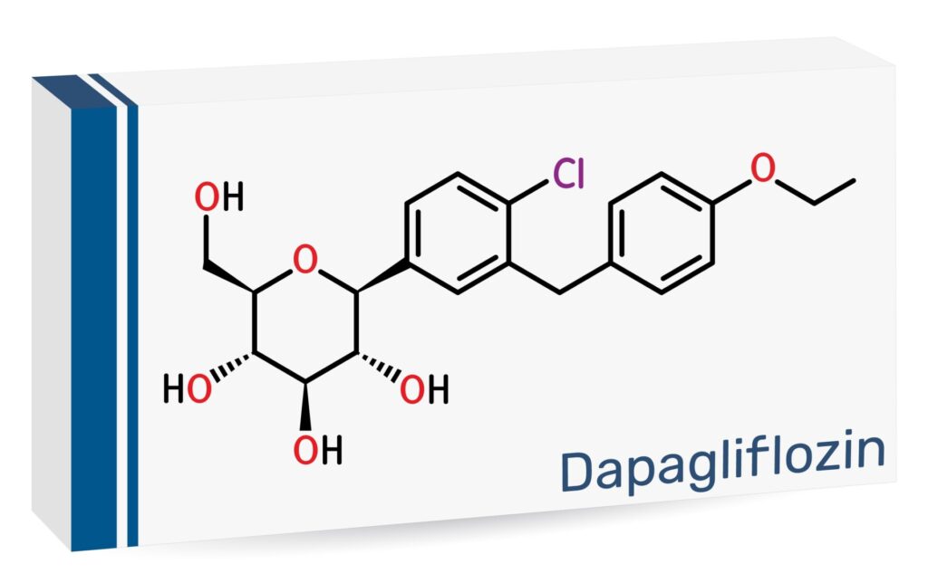 dapagliflozin molecule. SGLT2 inhibitor used in the treatment of type 2 diabetes. Skeletal chemical formula. Paper packaging for drugs - stock illustration