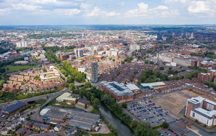 Aerial photo of the city centre of Leicester