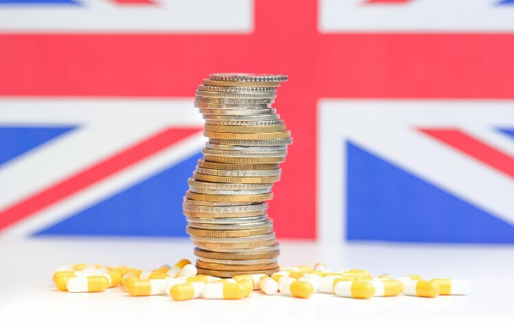 Stack of coins surrounded by pills with the Union Jack in the background