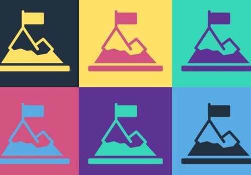 Pop art Mountains with flag on top icon isolated on color background. Symbol of pharmacy leadership