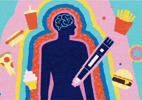 Silhouette surrounded by junk foods and a weight loss injection