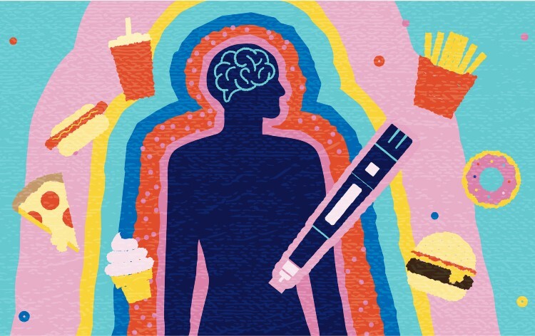 Silhouette surrounded by junk foods and a weight loss injection