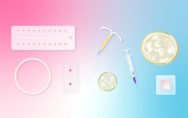 Creative illustration of contraceptive methods on pink to blue merged background