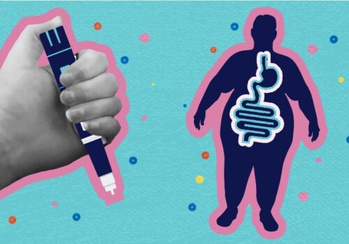 Graphic image of an overweight person and someone holding a weight loss jab