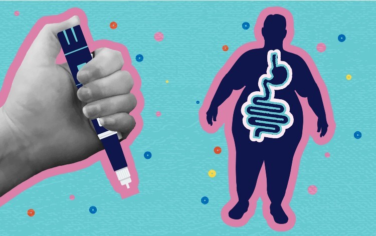 Graphic image of an overweight person and someone holding a weight loss jab