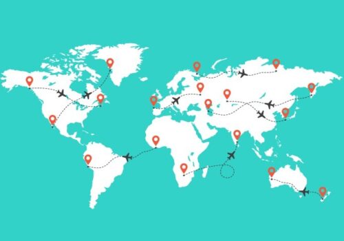 World map with airplane trace illustration to demonstrate global travel to pharmacists