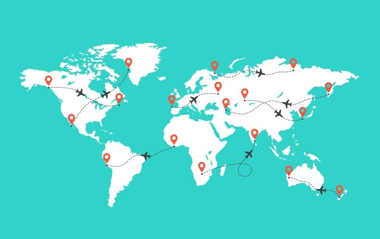 World map with airplane trace illustration to demonstrate global travel to pharmacists