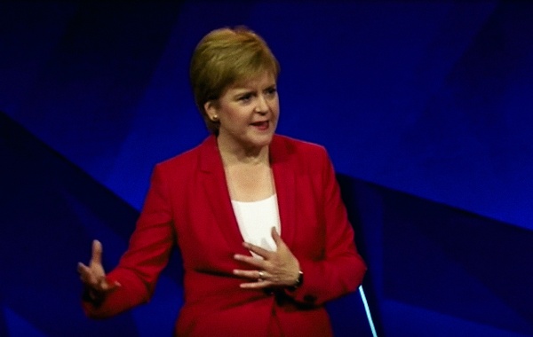 Nicola Sturgeon on stage delivering a TED talk