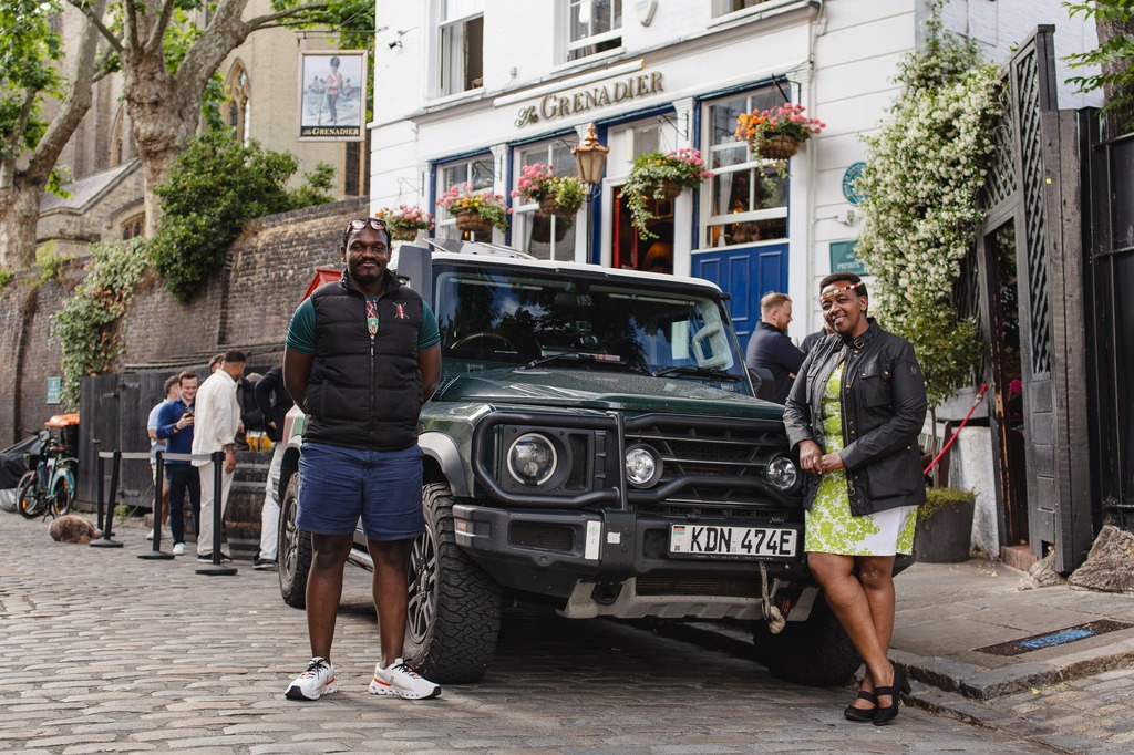 Becky Kim (right) and Bonnie Koko (left) at The Grenadier pub in London, after driving from Nairobi via the famous Cape-to-Cape route