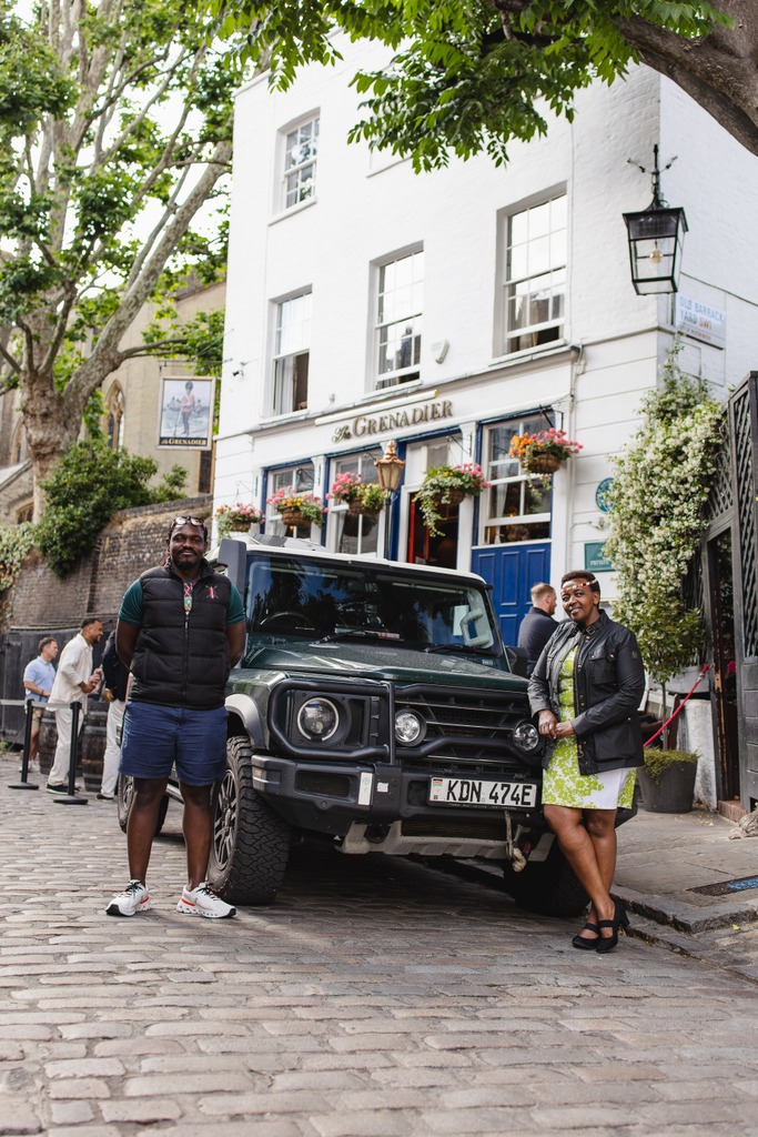 Becky Kim (right) and Bonnie Koko (left) at The Grenadier pub in London, after driving from Nairobi via the famous Cape-to-Cape route