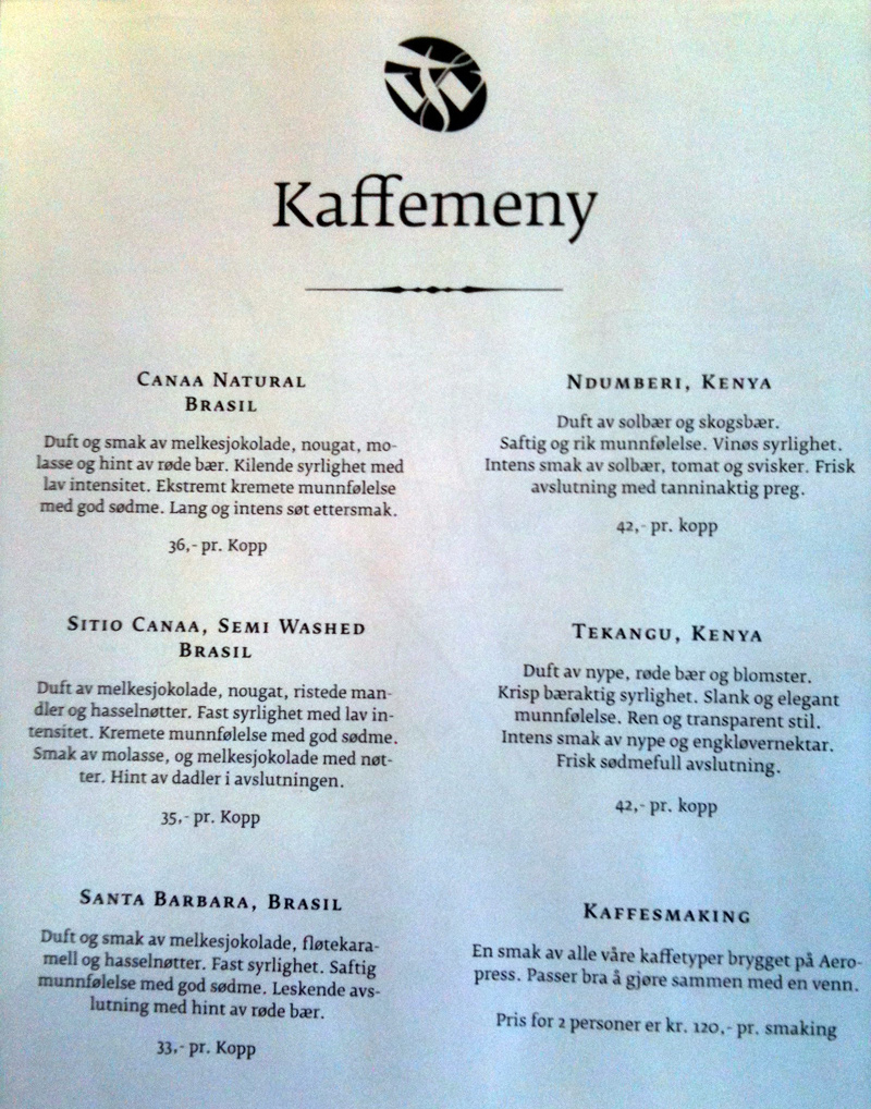 Coffee menu in Tim Wendelboe, Oslo Coffee menu in Tim Wendelboe, Oslo