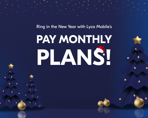 A vibrant banner showcasing Lyca Mobile's Pay Monthly Plans, promising seamless communication and unbeatable value for the New Year.