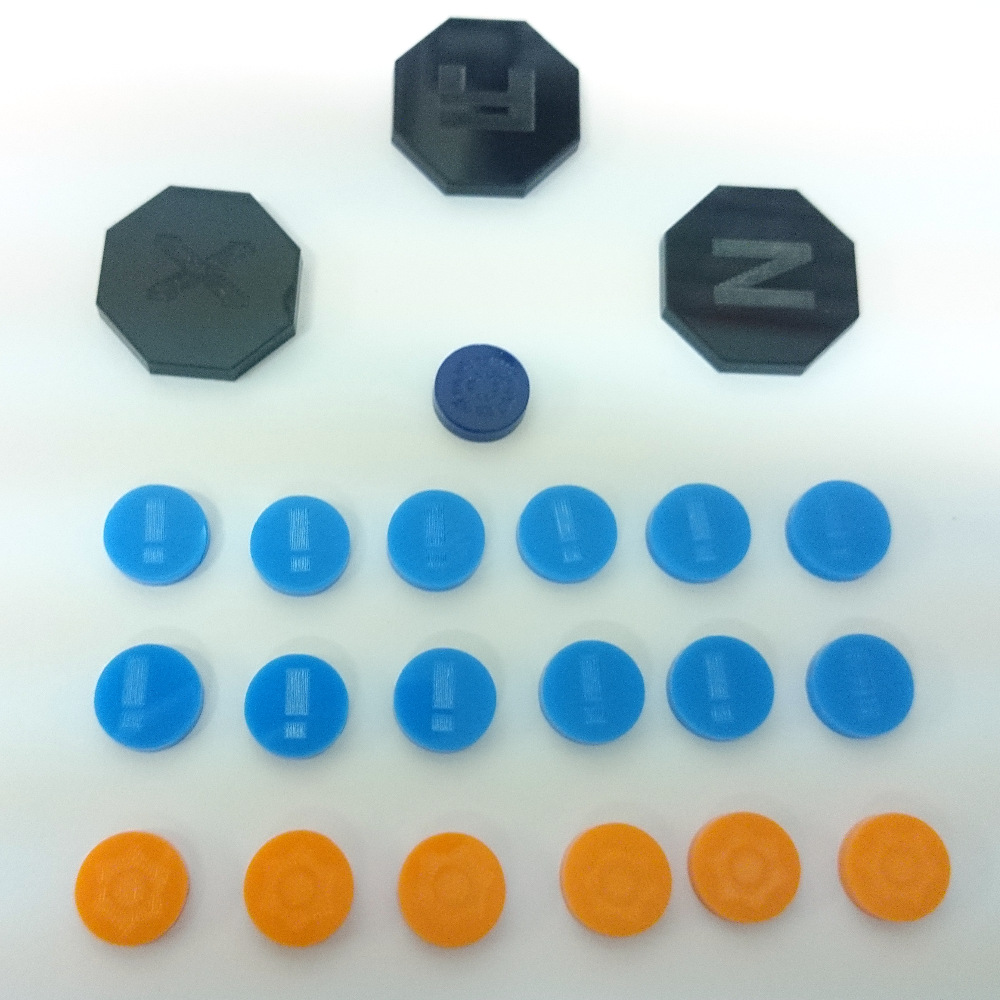 From top to bottom: Objective counters, Reload counter, Activated markers and Command tokens.