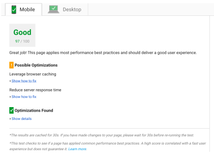 Pagespeed insights mobile test