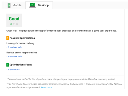 Pagespeed insights desktop test